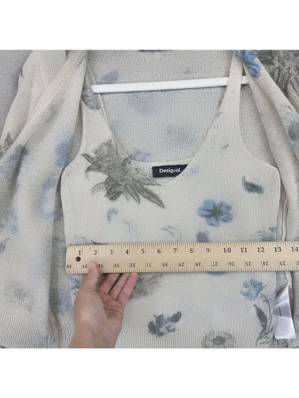 Desigual Cardigan Sweater Set Womens Small Cream Blue Floral Open Knit Sheer